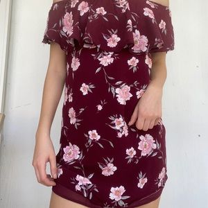 Off the shoulder red dress with flowers